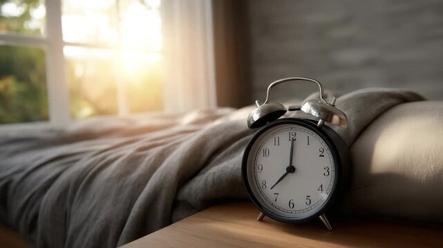 Cozy bedroom scene with an alarm clock on a bedside table next to soft bedding and morning sunlight streaming through the window