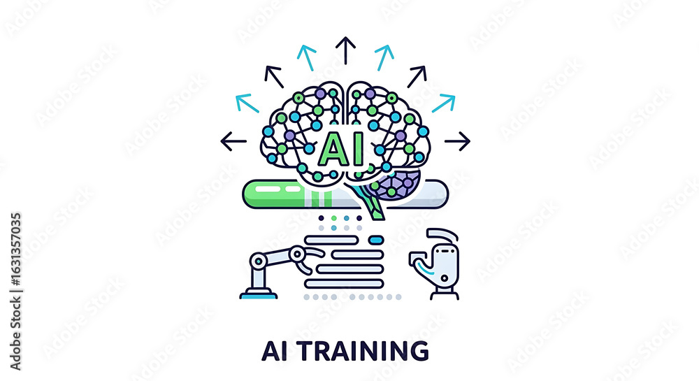 Poster illustration of ai brain with arrows, loading bar, robotic arms and ai training text below it