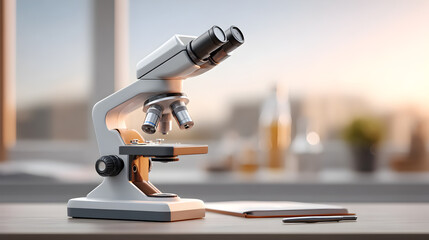 a microscope stands on a lab table, capturing the details of the scientific study