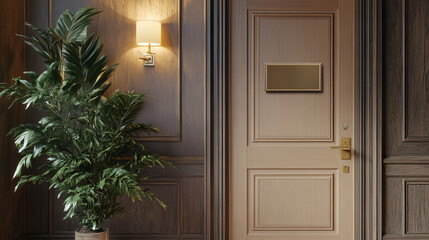 Fototapeta premium Elegant entryway with a wooden door plant and wall lamp