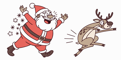 A cartoon vector set of Christmas trees, Santa Claus, snowman, and gifts for a happy holiday celebration