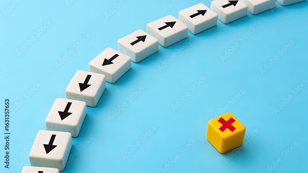 Poster breaking the pattern – curved line of arrow cubes with isolated yellow block and red x, abstract, no