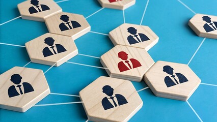Leadership in the Network – Connected Hexagonal Tiles with Red Silhouette Among Blue Figures, Abstract, Business, Organization, Conceptual, Blue Background