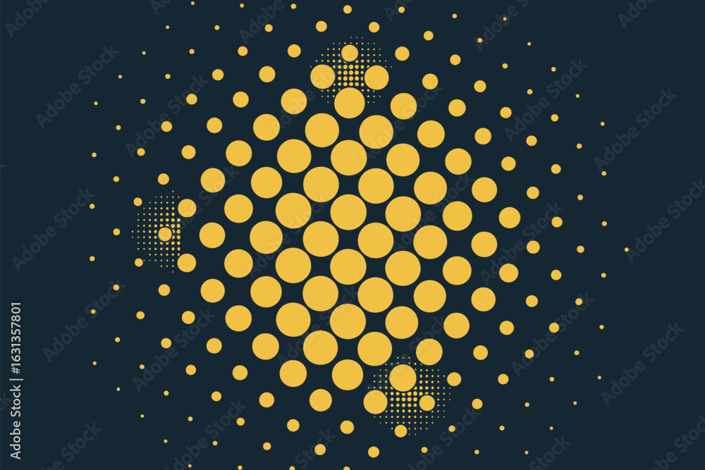Poster a halftone pattern with varying sized yellow circles on a dark blue background creating a radial des