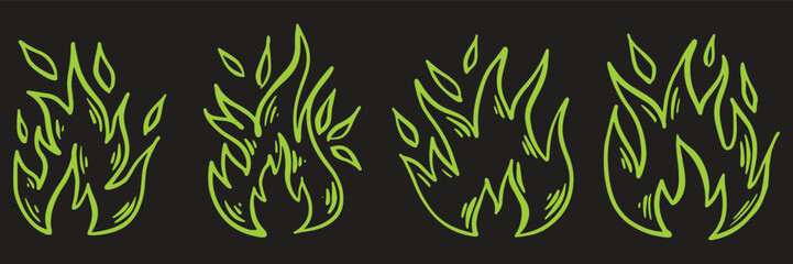 Collection of hand drawn fire flames with crayon, pastel chalk or pencil texture Grunge elements in sketch style Yellow vector illustration isolated on a white background