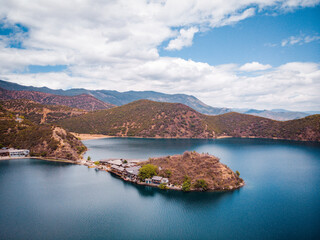 Aerial photo of Lugu Lake in Yunnan Province, China