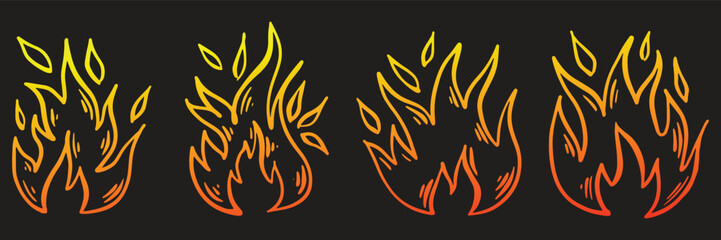 Collection of hand drawn fire flames with crayon, pastel chalk or pencil texture Grunge elements in sketch style Yellow vector illustration isolated on a white background