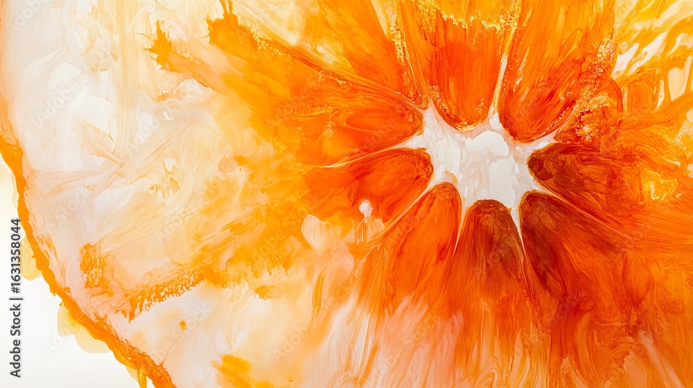Poster vibrant abstract orange citrus slice texture with flowing liquid art creating dynamic energetic patt