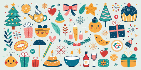 Vector illustration of a seamless birthday party pattern with cartoon icons of cakes, balloons, and gifts