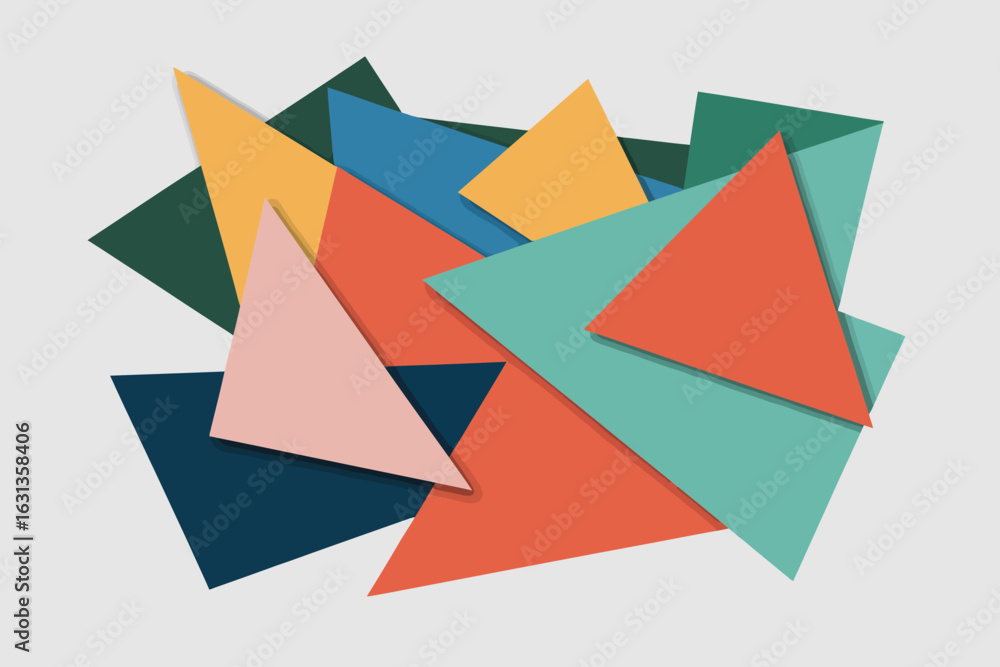 Poster a scattered arrangement of overlapping triangles in various colors on a light gray background surfac