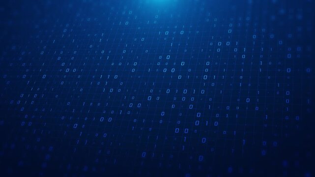 Digital motion graphic glowing binary digits arranged across grid surface. futuristic code pattern for AI, data science, deep learning, programming, encryption, machine logic, technology advancement.