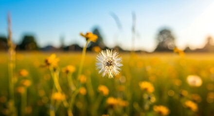 Dandelion Seed Head in a Meadow with Yellow Flowers and Blue Sky