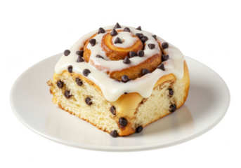 Delicious cinnamon roll pastry with icing and chocolate chips on a white plate, isolated on transparent background