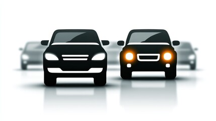 Fototapeta premium Two dark silhouette cars, one highlighted, in front of blurred, similar cars, on a white background
