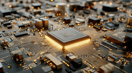 A close-up macro shot of a blue computer motherboard with intricate electronic circuitry and a central processor chip