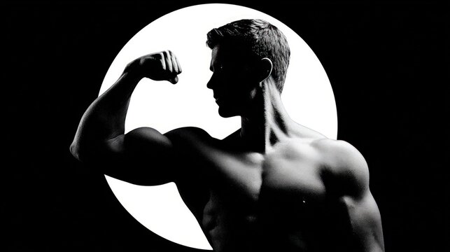 Silhouetted muscular man flexing bicep against a stark white circle
