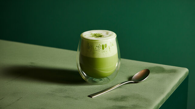Photo of a glass of green matcha tea with a spoon on a table