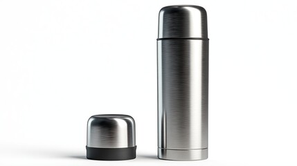 Sleek, stainless steel thermos bottle with a matching, dark-ringed cap, isolated on a plain white background, showcasing its cylindrical shape and brushed metal finish