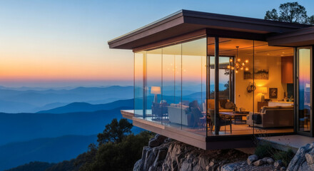 A luxurious modern home with floor-to-ceiling glass walls perched on a cliff, offering breathtaking panoramic views of a mountain range at sunset. Concept Aspirational living and architectural marvel.