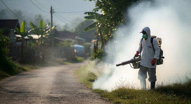 A public health worker performs mosquito fogging in a community, combating vector-borne diseases. Essential service to protect residents from illnesses like Chikungunya.