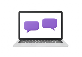 3d illustration of a laptop with purple chat bubbles on the screen, isolated on transparent background