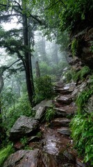 Obraz premium Misty mountain trail with stone steps, lush greenery, and damp rocks