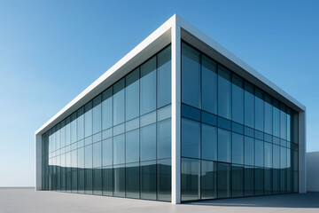 Modern glass building with sharp angles under a clear blue sky