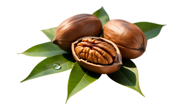 Three Pecans and Green Leaves isolated on a transparent background