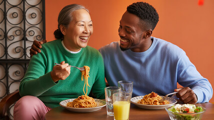 Photo of a happy couple enjoying a delicious pasta meal together