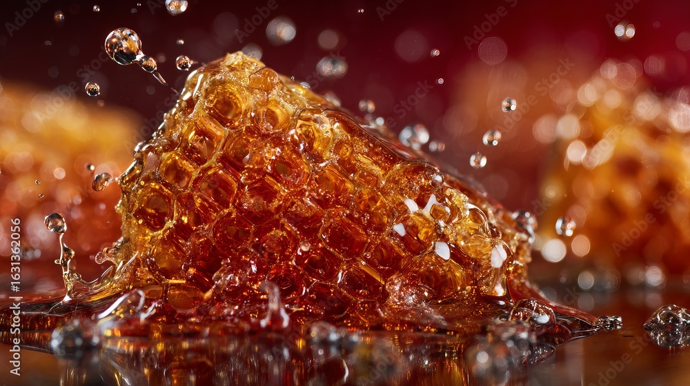 Poster viscous amber liquid splashes creating dynamic bubbles and mesmerizing flow, perfect for food or bev
