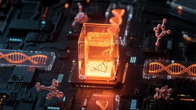 Urban scenes and bustling concert halls coexist with intricate digital circuitry and electronic components