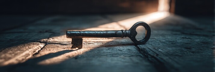 Antique key illuminated by a shaft of light on weathered wood