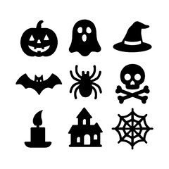 Black Halloween Icon Set – Silhouette Symbols of Pumpkin, Ghost, Bat, and More