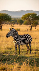 Obraz premium Plains zebra (Equus quagga) in the veld near Gqeberha, Eastern Cape, South Africa. Known for distinctive black-and-white stripes, they thrive in grasslands and savannahs across southern