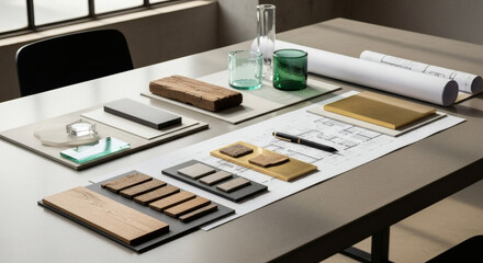 Developing an interior design concept with a mood board of material samples and architectural plans on a desk