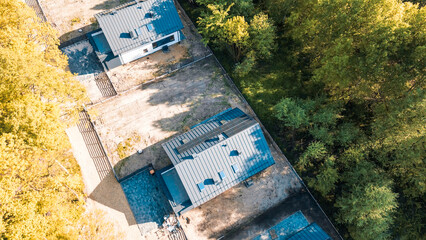 Drone shot of eco-friendly suburban homes