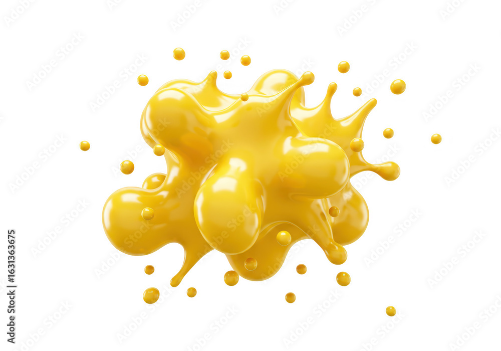 Poster abstract yellow liquid splash with droplets isolated on transparent background