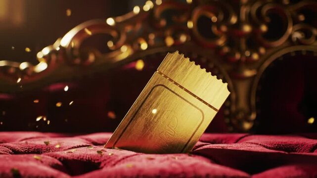 Golden ticket falls on red velvet fabric with confetti