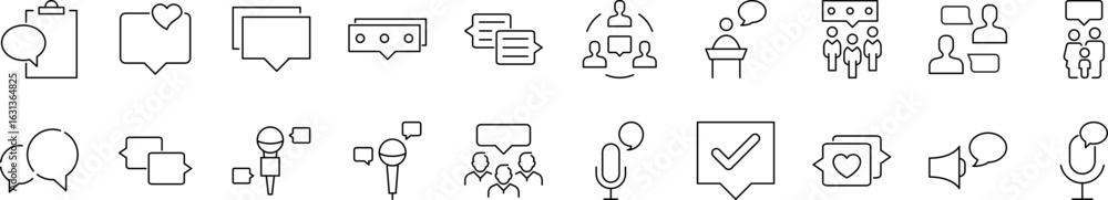 Poster communication outline web line icons collection. speech bubble with people and microphone minimalist