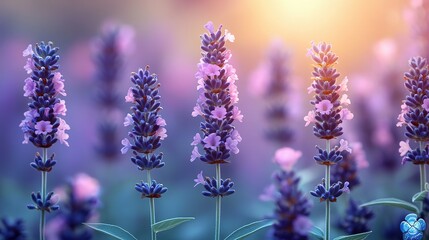 Obraz premium Lavender flowers in a field with a blurred background and warm sunlight.