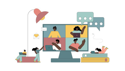 Online meeting. People use mobile applications, gadgets and the Internet for online communication, learning, meetings. Vector illustration flat