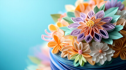 Close-Up of Vibrant Paper Flower Art Birthday Cake Against A Blue Background. Close-up of colorful origami-style paper flowers arranged in beautiful patterns, displayed against blue background.