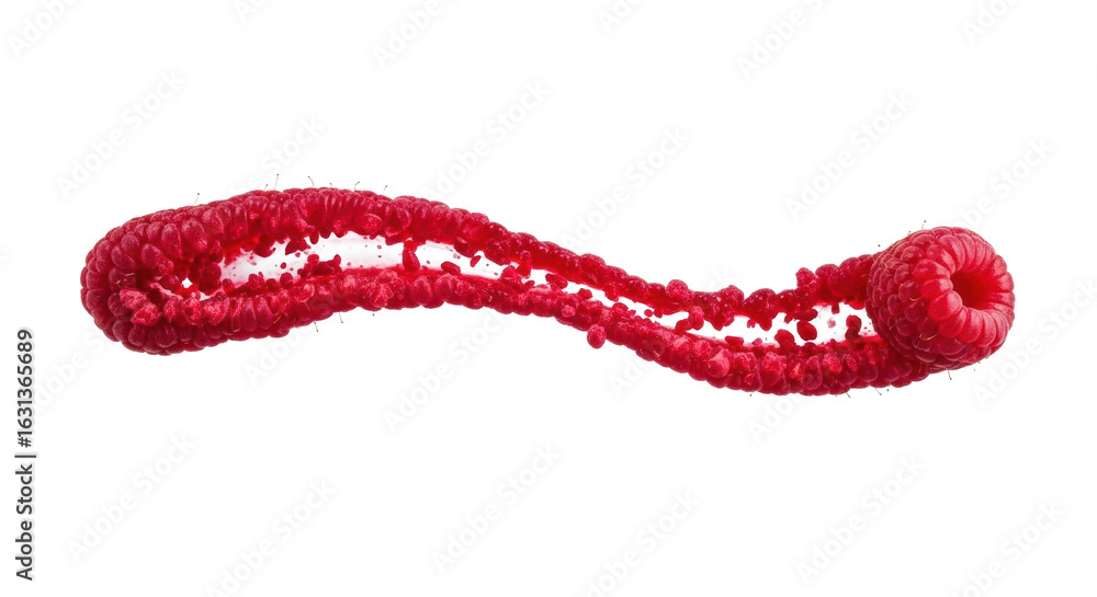 Poster deep crimson-red streak of crushed raspberry juice and fibrous pulp in dynamic flow, isolated on a s
