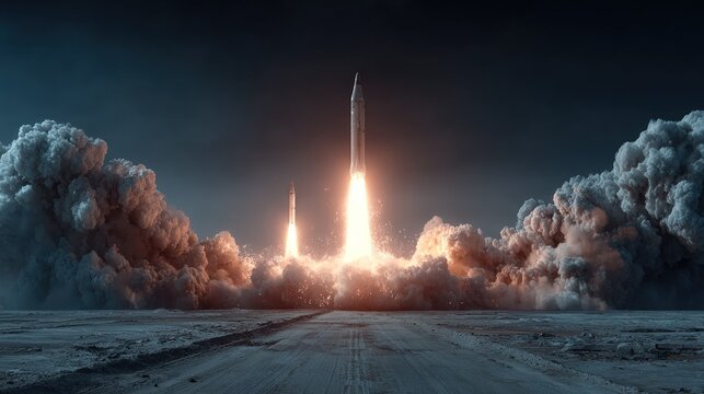 Rocket launch into dark night sky, massive plumes of smoke - Powered by Adobe