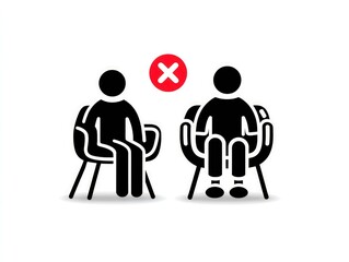 Two stylized figures seated in chairs, a red 'X' between them, indicating social distancing