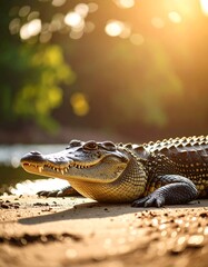 Fototapeta premium A close-up view of an alligator basking in the sunlight near water.