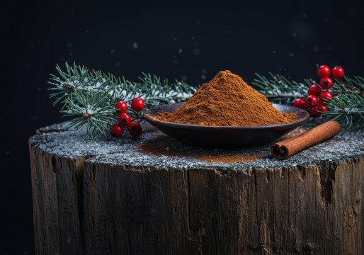 Cinnamon powder in bowl with stick and christmas decor on wooden stump against dark background winter scene - Powered by Adobe