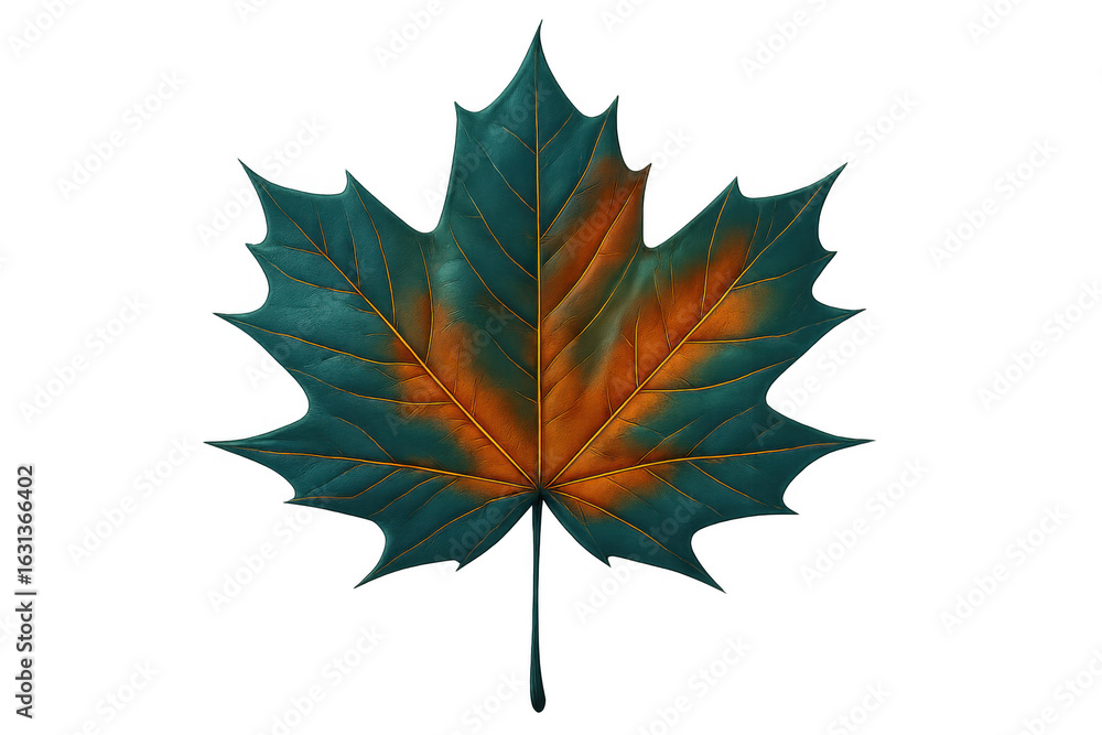 Poster studio shot of a maple leaf with transparent background, showing the changing colors during the fall