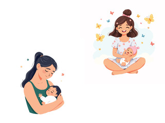 Vsai happy mothers cuddling and playing with their newborn babies