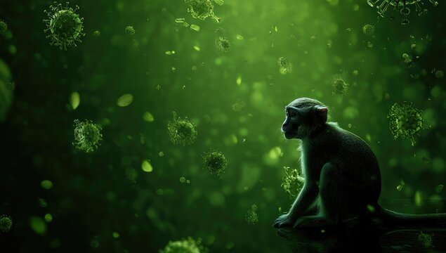 A green background with a monkey and large virus particles floating in the air.